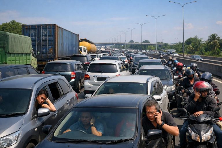 perjalanan dari bekasi ke tol cikampek memakan waktu 5 jam, pemudik mengeluhkan kemacetan parah yang menjadi catatan rekor baru.