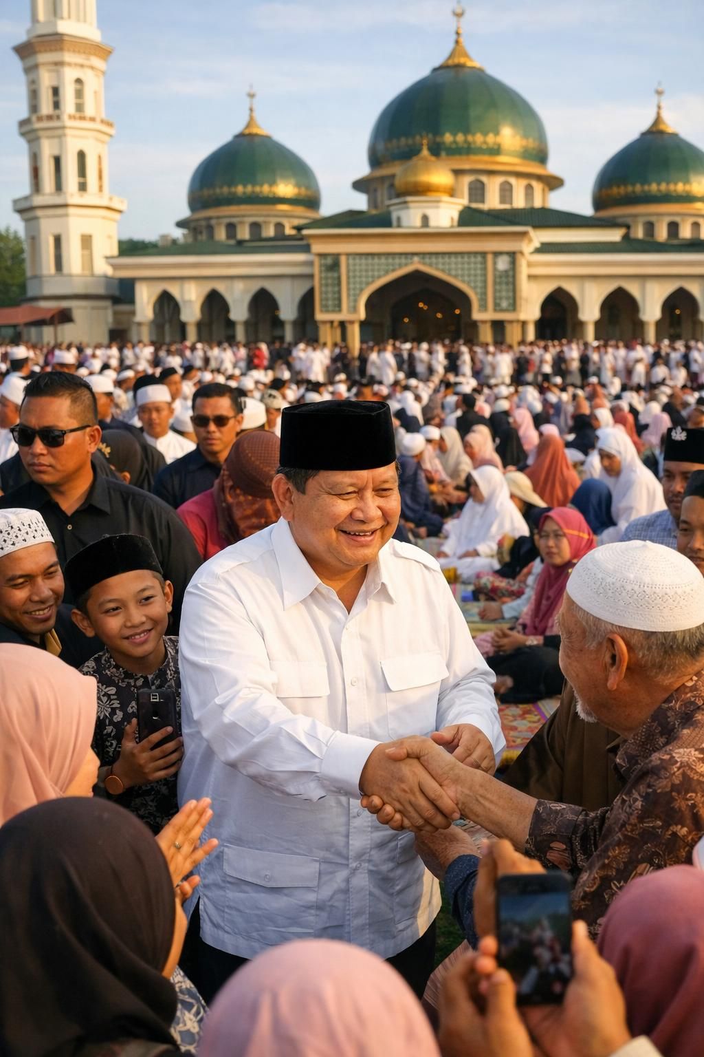 setelah salat id di masjid darussalam, prabowo berbaur dengan jamaah dan warga dengan antusias berebut salaman dalam suasana yang hangat dan penuh semangat.