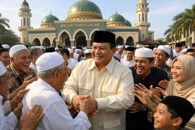 setelah melaksanakan salat id di masjid darussalam, prabowo berbaur dengan jamaah. warga dengan antusias berebut untuk bersalaman dengannya, menunjukkan dukungan dan kebersamaan yang hangat.