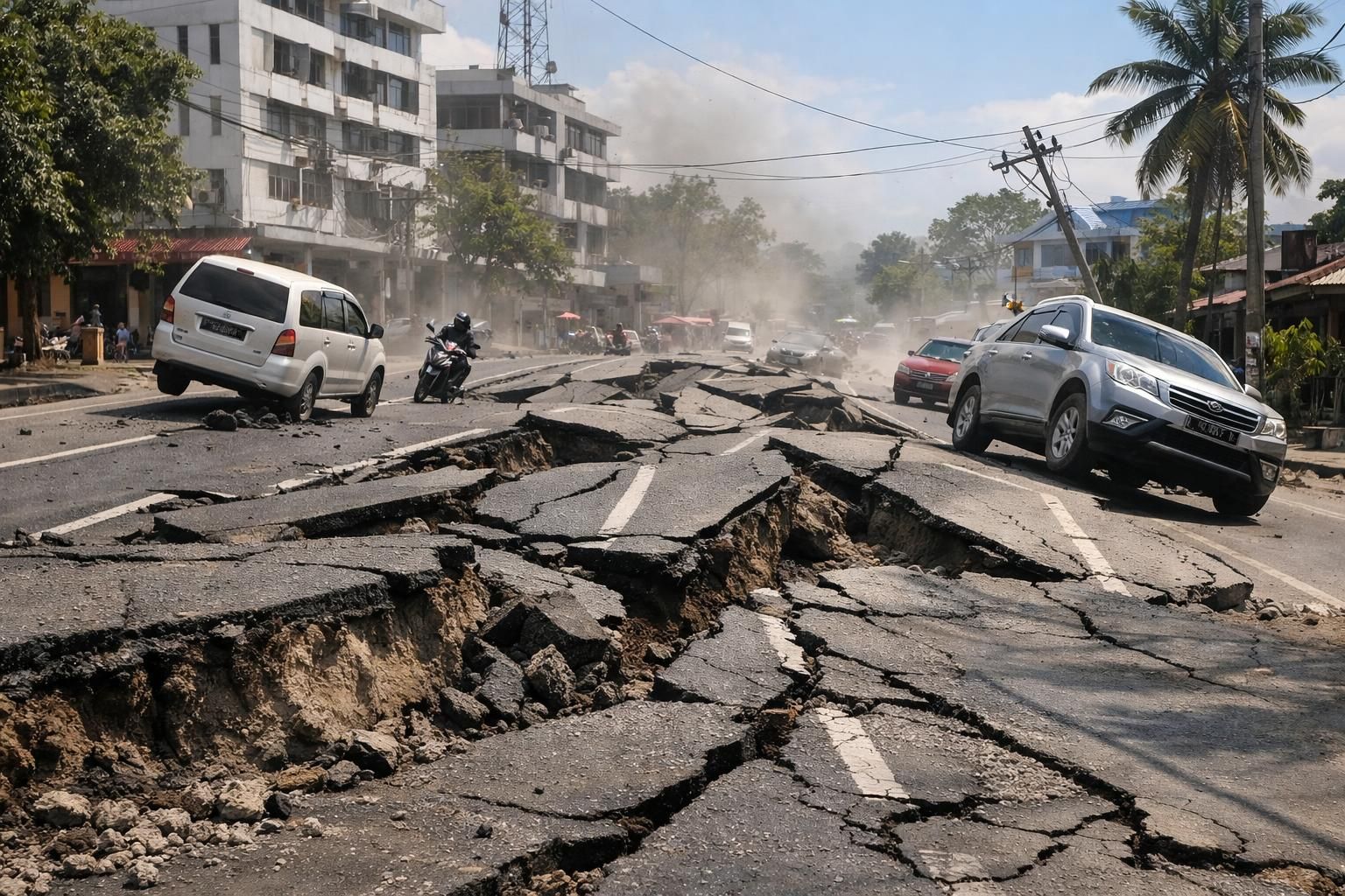 gempa kuat berkekuatan magnitudo 7,6 mengguncang sulawesi utara dan maluku utara, menyebabkan jalanan aspal ikut bergoyang menurut laporan bbc.