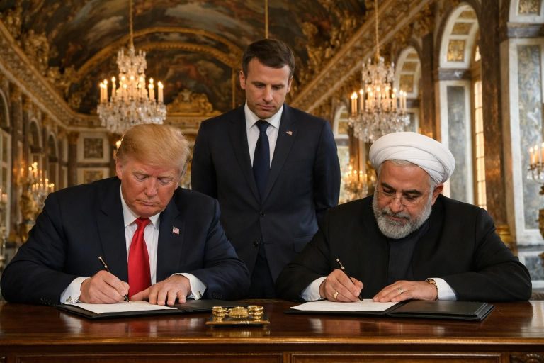 detik bersejarah saat trump menandatangani mou perdamaian dengan iran, disaksikan langsung oleh presiden macron di istana versailles. saksikan momen penting diplomasi internasional ini.