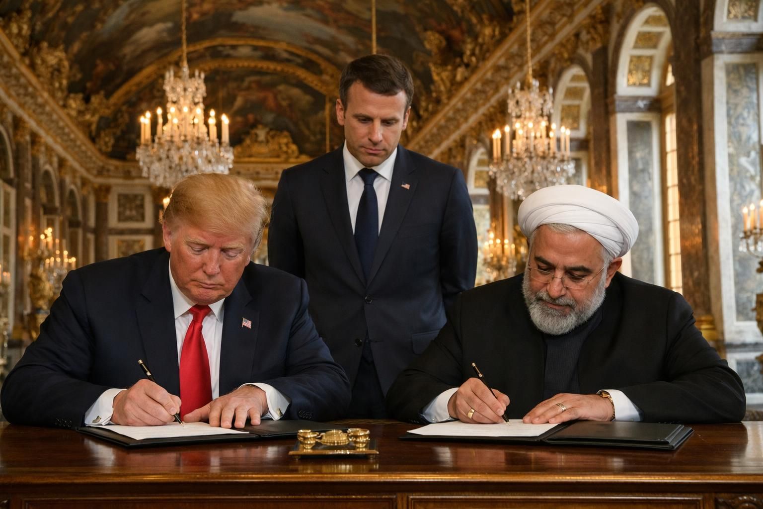 detik bersejarah saat trump menandatangani mou perdamaian dengan iran, disaksikan langsung oleh presiden macron di istana versailles. saksikan momen penting diplomasi internasional ini.