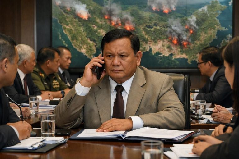 prabowo melakukan panggilan penting saat rapat untuk meminta perlengkapan tambahan dalam penanganan kebakaran hutan dan lahan (karhutla), memastikan respons cepat dan efektif.