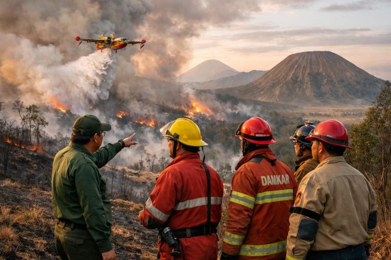 menhut mengevaluasi penanganan kebakaran di bromo dan mengoptimalkan strategi water bombing untuk meredakan api secara efektif.