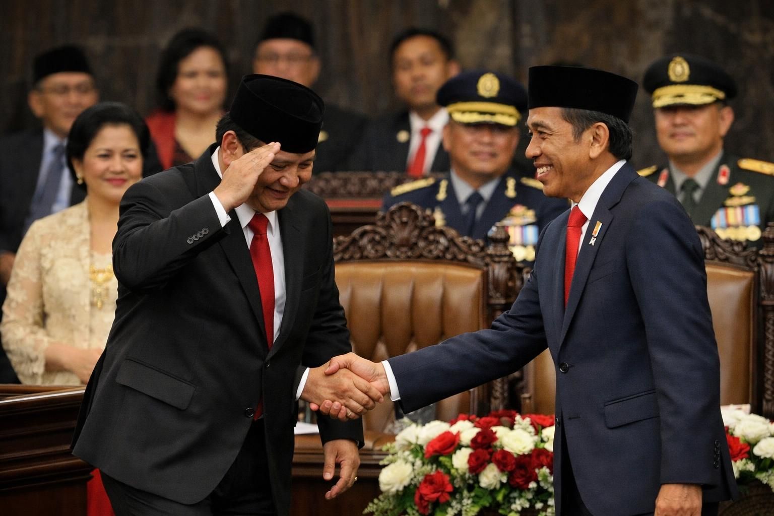 setelah pidato, prabowo memberikan hormat dan bersalaman dengan jokowi dalam momen kebersamaan yang penuh rasa hormat.