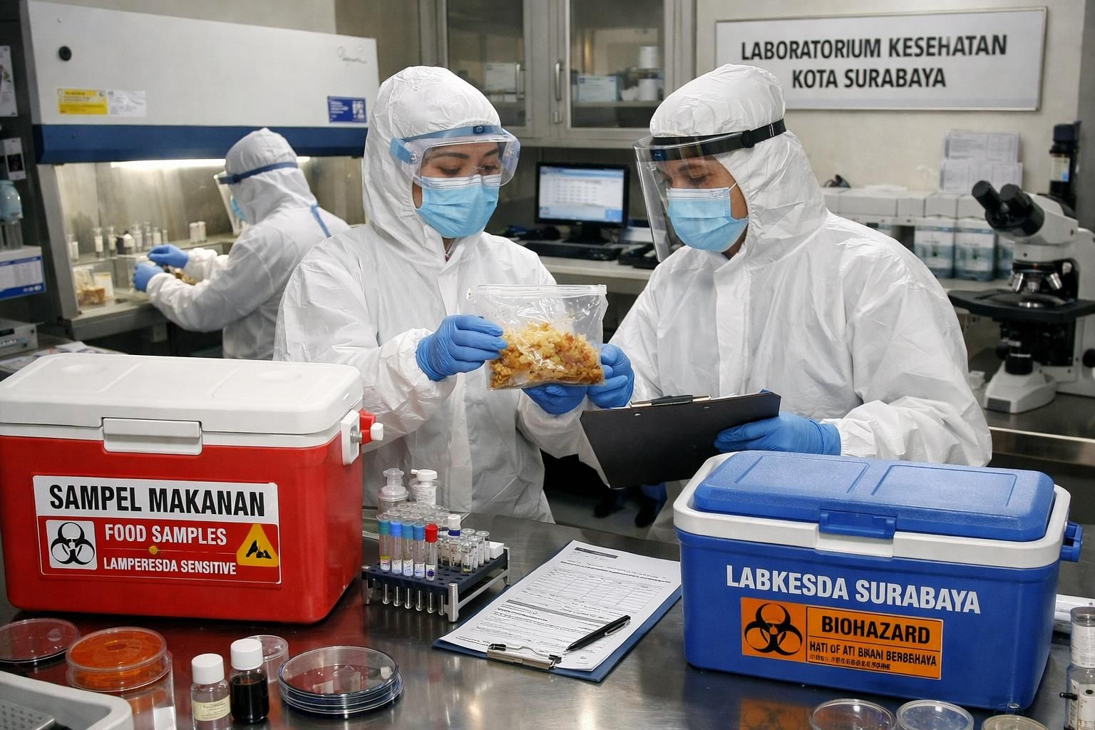 diduga keracunan, 556 santri di sidoarjo menjalani pemeriksaan menu mbg di laboratorium untuk memastikan kondisi kesehatan mereka.